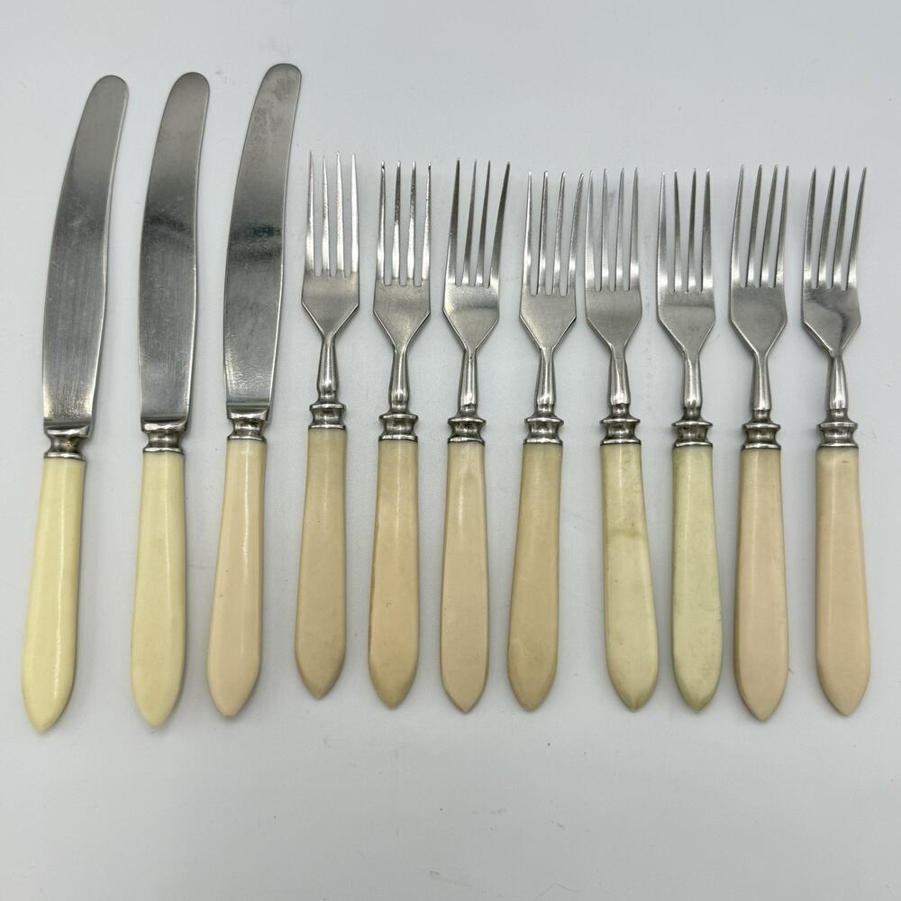 11 QTY Russian USSR Soviet Stainless Kitchen Bakelite Handle Knife Fork Flatware